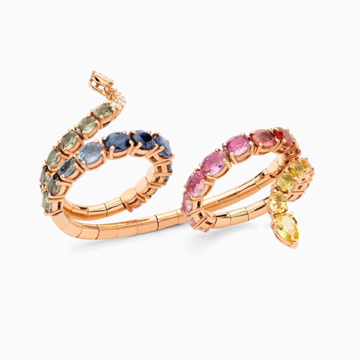Anillo serpiente doble  de oro rosa con  zafiros multicolor y diamantes