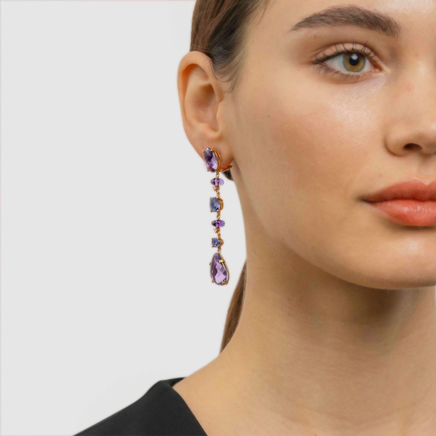 Pink gold earrings with gems amethyst, iolita and chalcedony