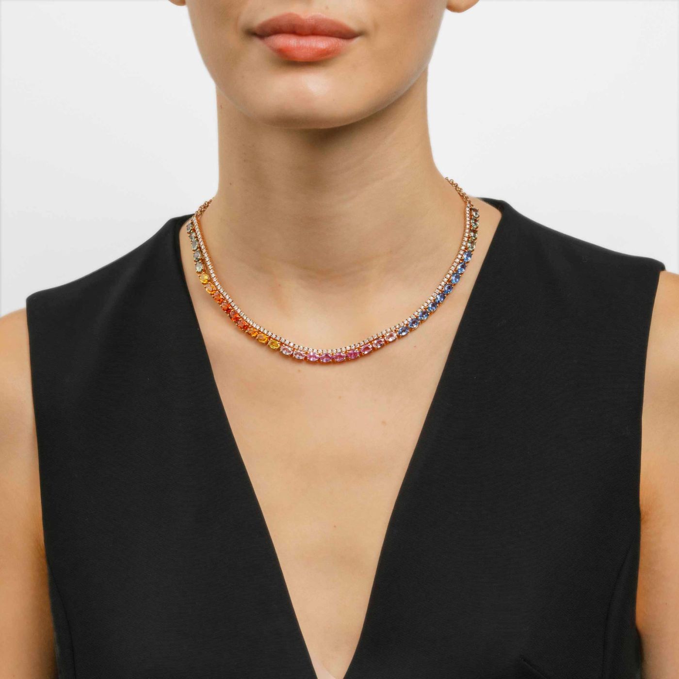 Double riviere necklace in rose gold with diamonds and multicoloured sapphires