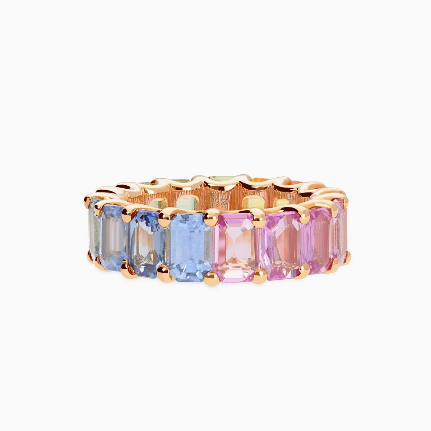 Rose gold band ring with emerald-cut multicoloured sapphires