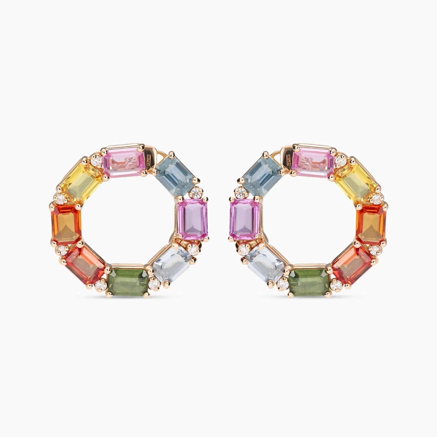 Rose gold hoop earrings with emerald-cut multicoloured sapphires and diamonds