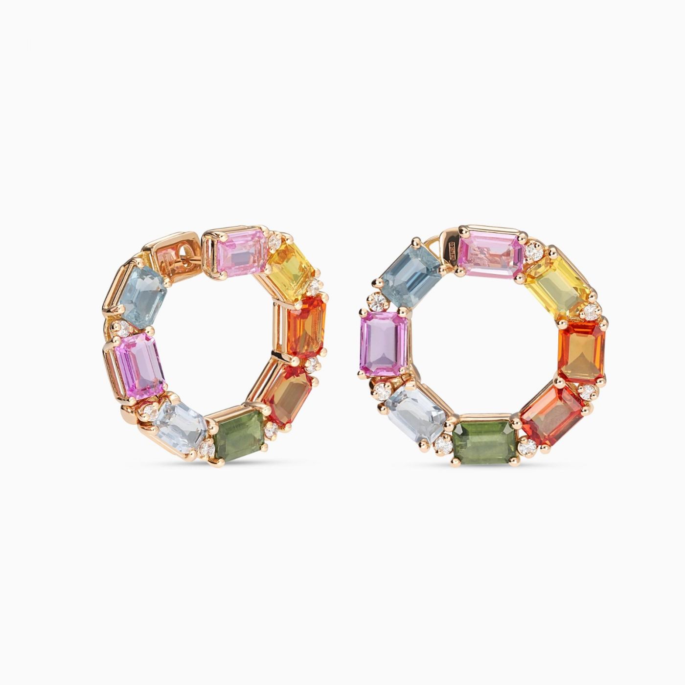 Rose gold hoop earrings with emerald-cut multicoloured sapphires and diamonds