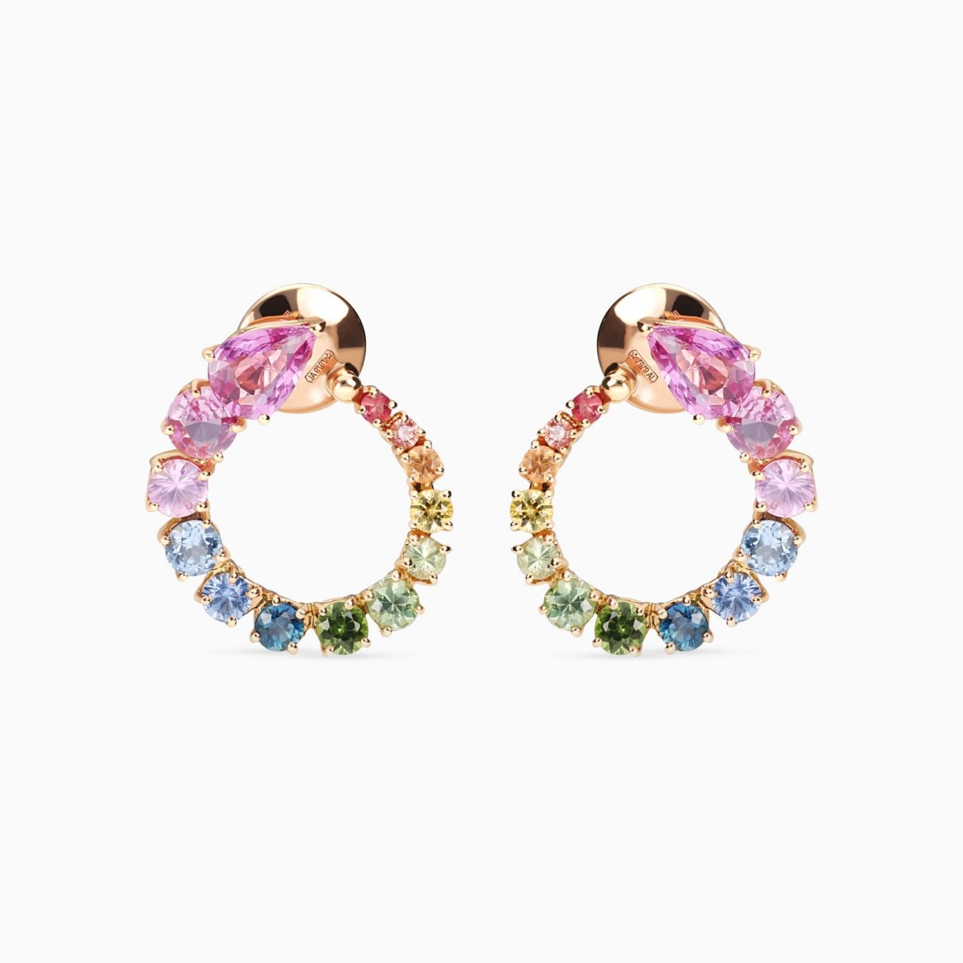 Pendientes de aro de oro rosa con zafiros multicolor degradé y zafiros rosas talla pera