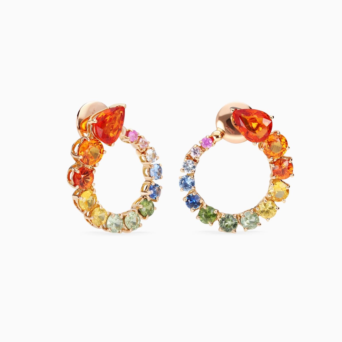 Rose gold hoop earrings with multicoloured sapphires and pear-cut orange sapphires