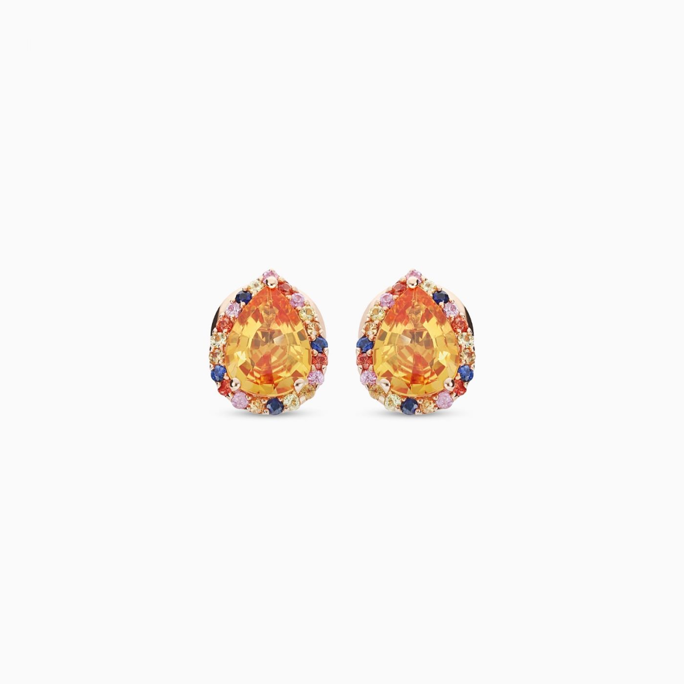 Rose gold earrings with pear-cut yellow sapphires and multicoloured sapphires