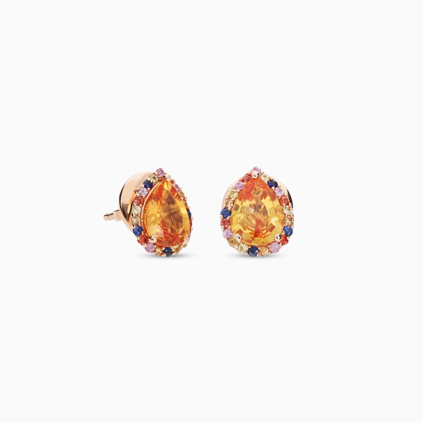 Rose gold earrings with pear-cut yellow sapphires and multicoloured sapphires