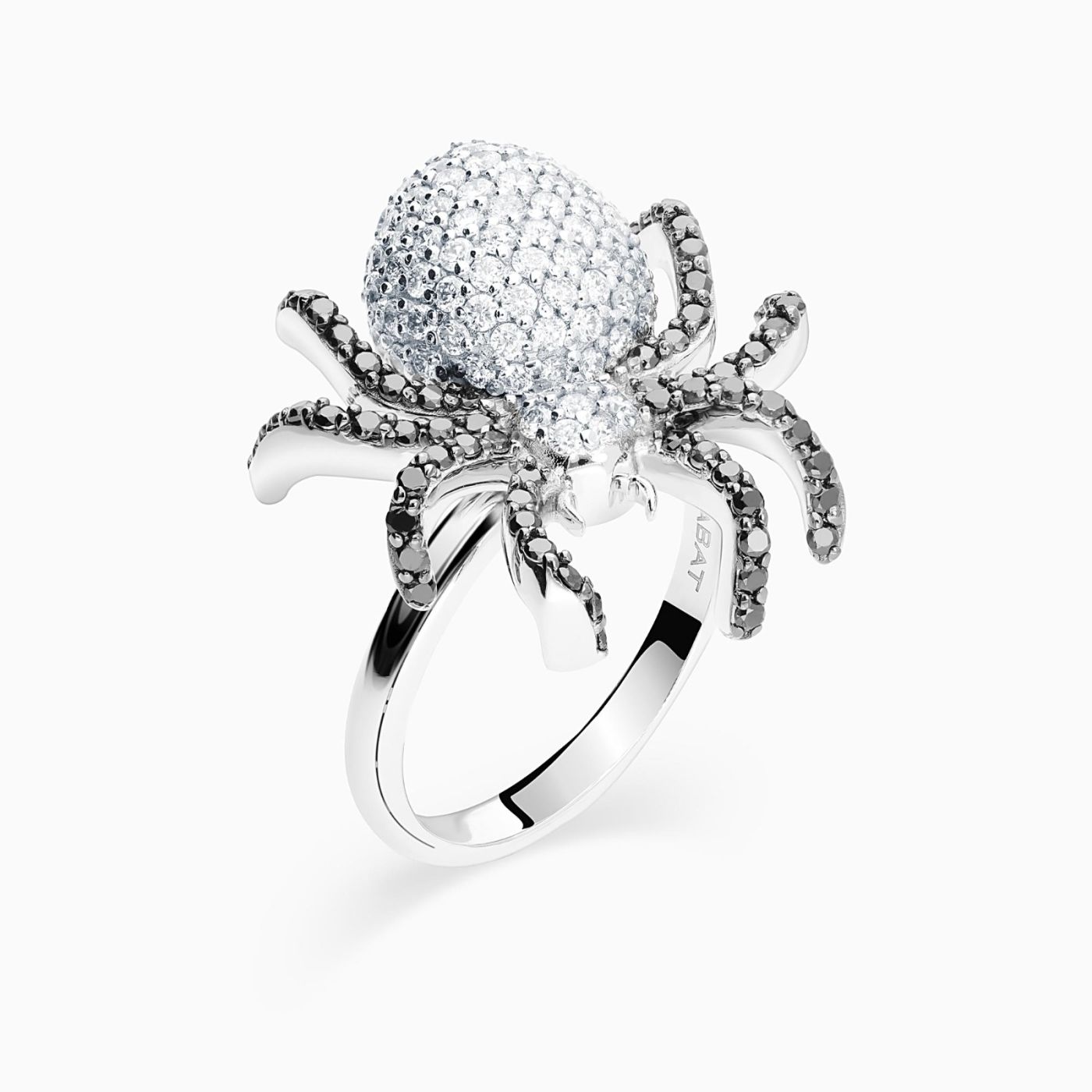 White gold spider ring with black and white diamonds