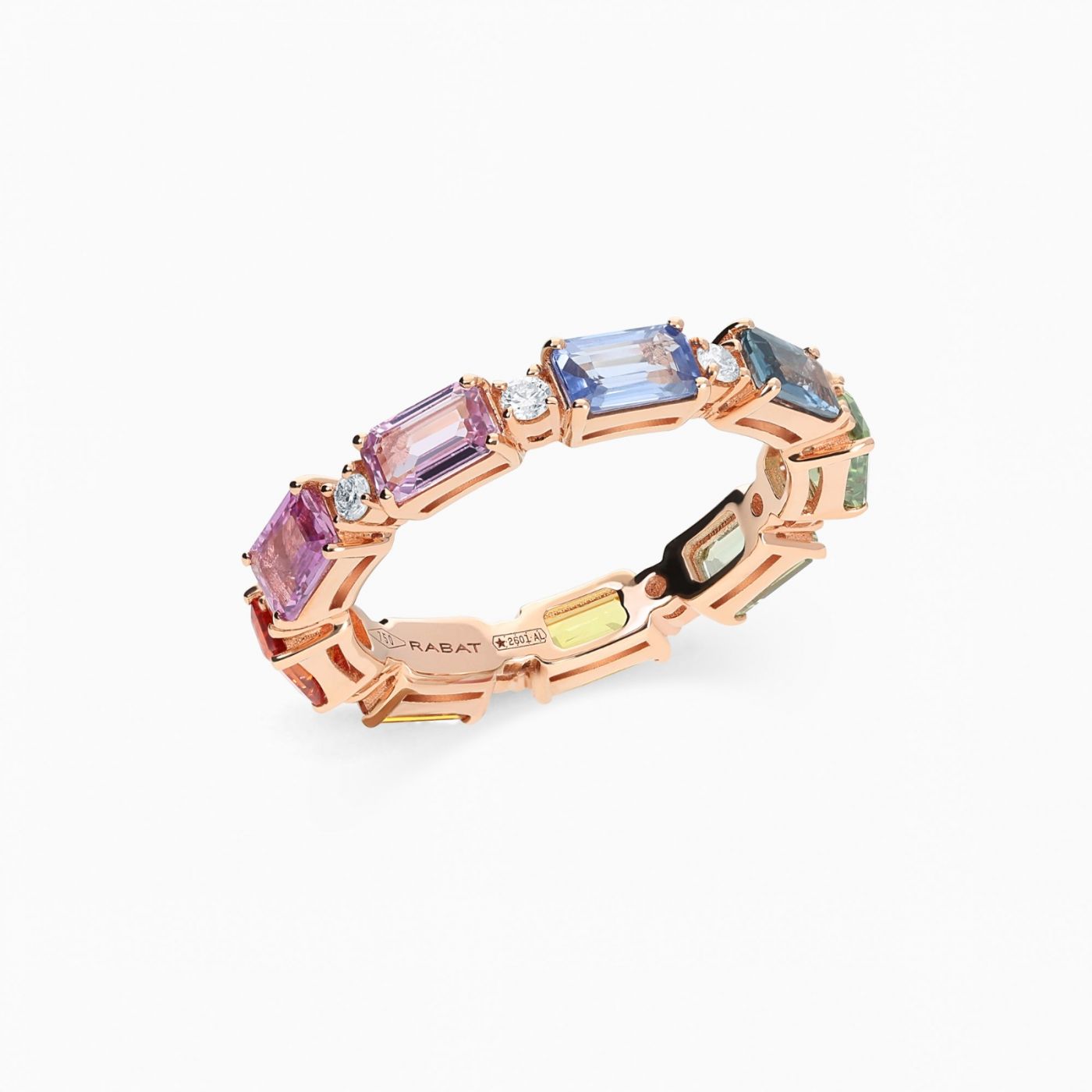Rose gold band ring with emerald-cut multicoloured sapphires and diamonds 