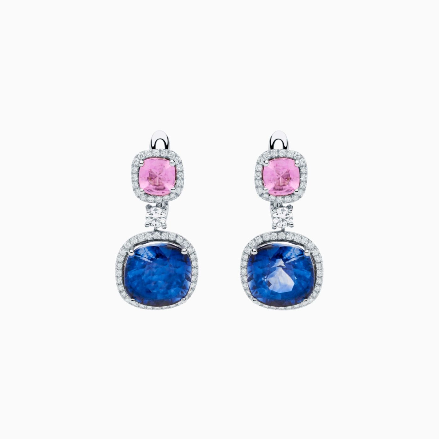 White gold earrings with blue sapphiros and pink sapphires