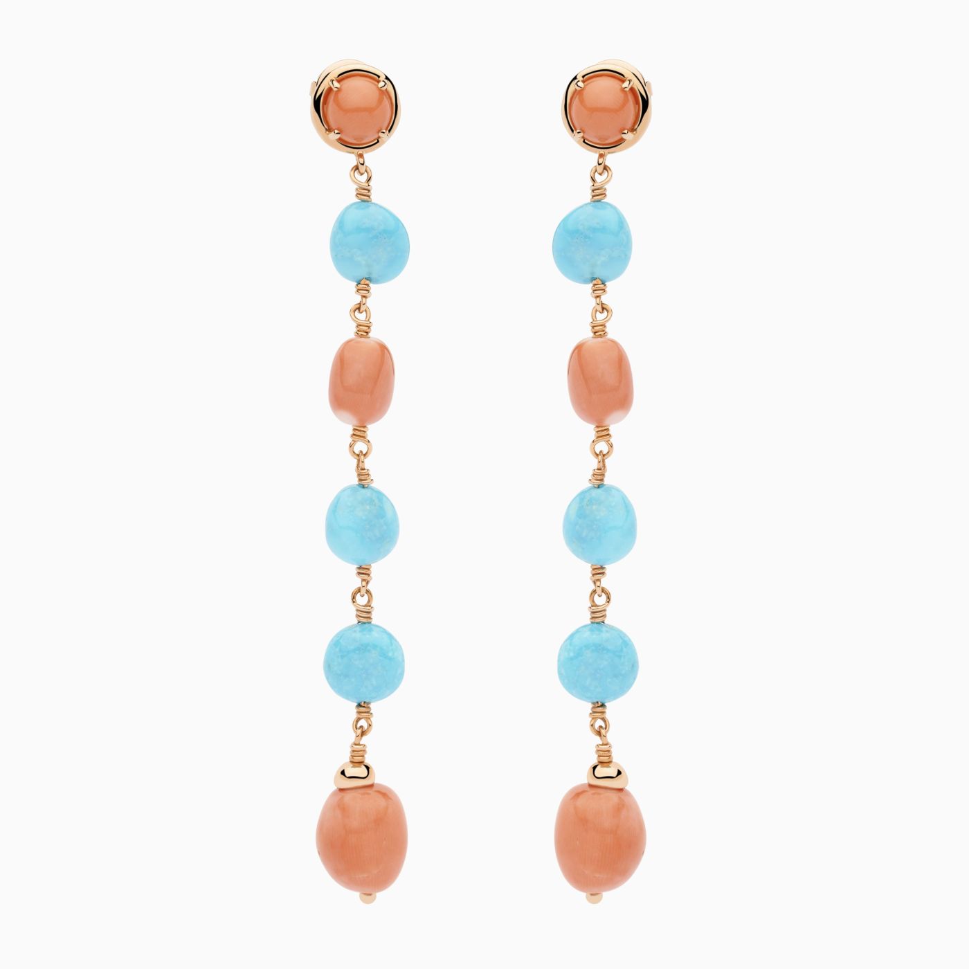 Rose gold earrings with coral and turquoise gems
