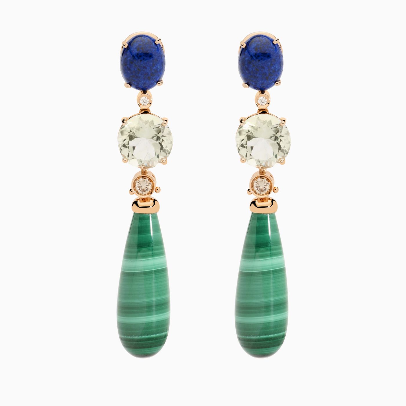 Pendientes de oro rosa con gemas lapislázuli, malaquita, prasiolita, diamantes blancos y diamantes brown