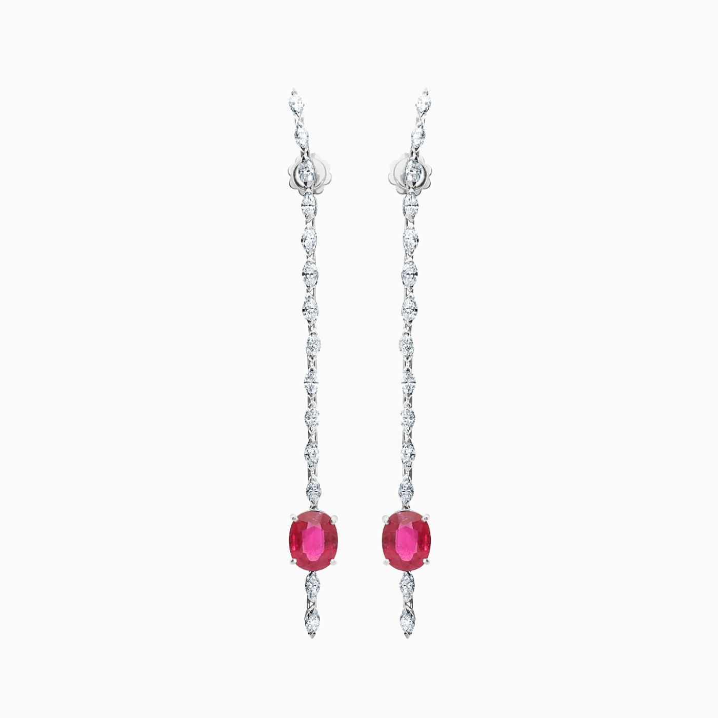 Long white gold earrings with diamonds and red rubies