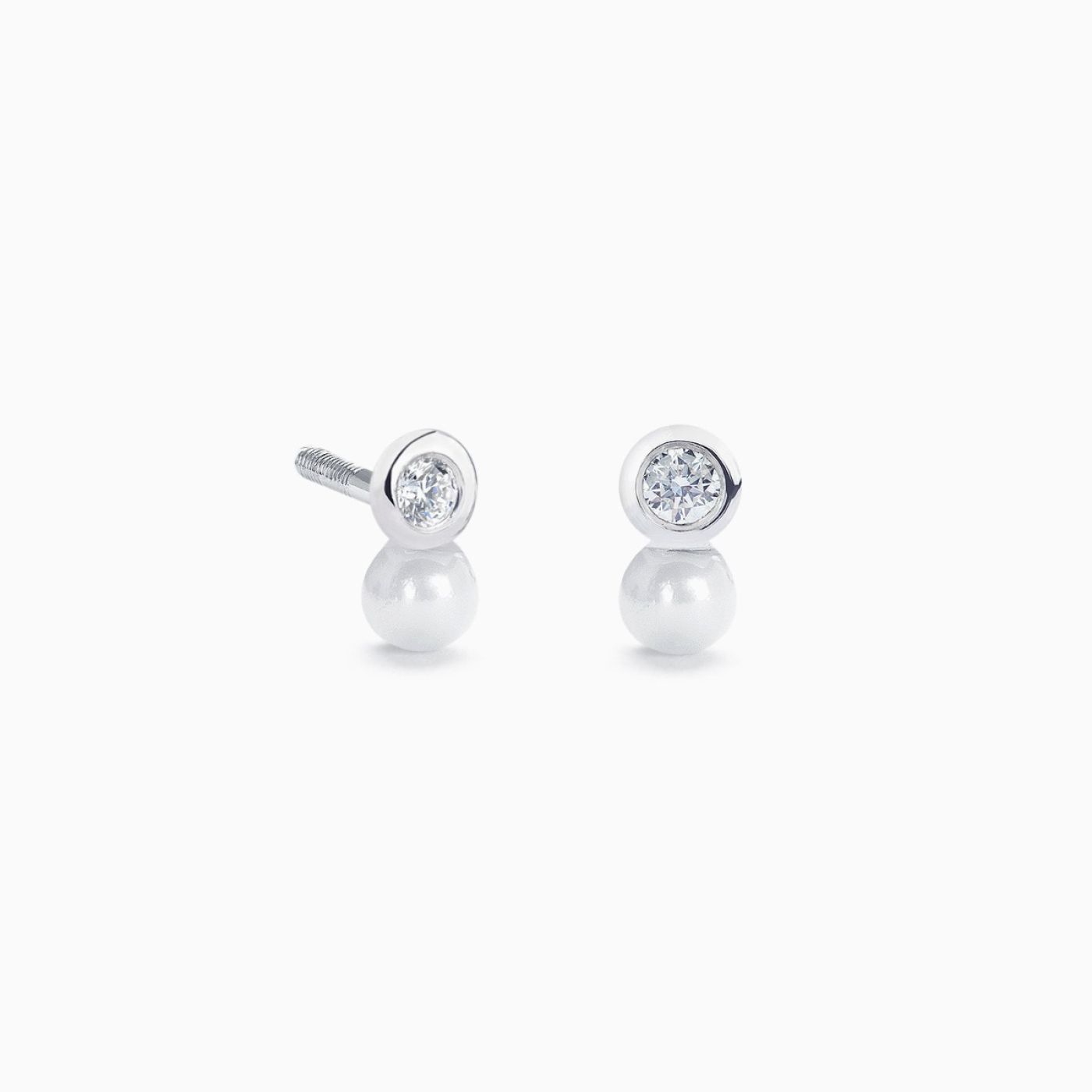 Pendientes para bebé Tú y Yo redondos de oro blanco con perlas y diamantes