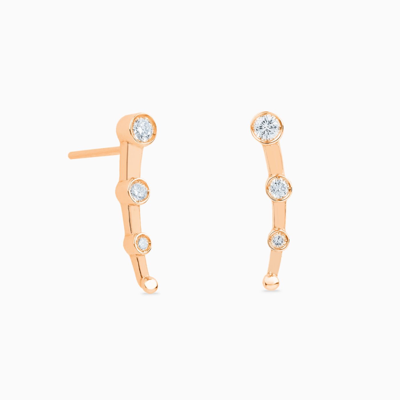 Rose gold climbing earrings with three diamonds
