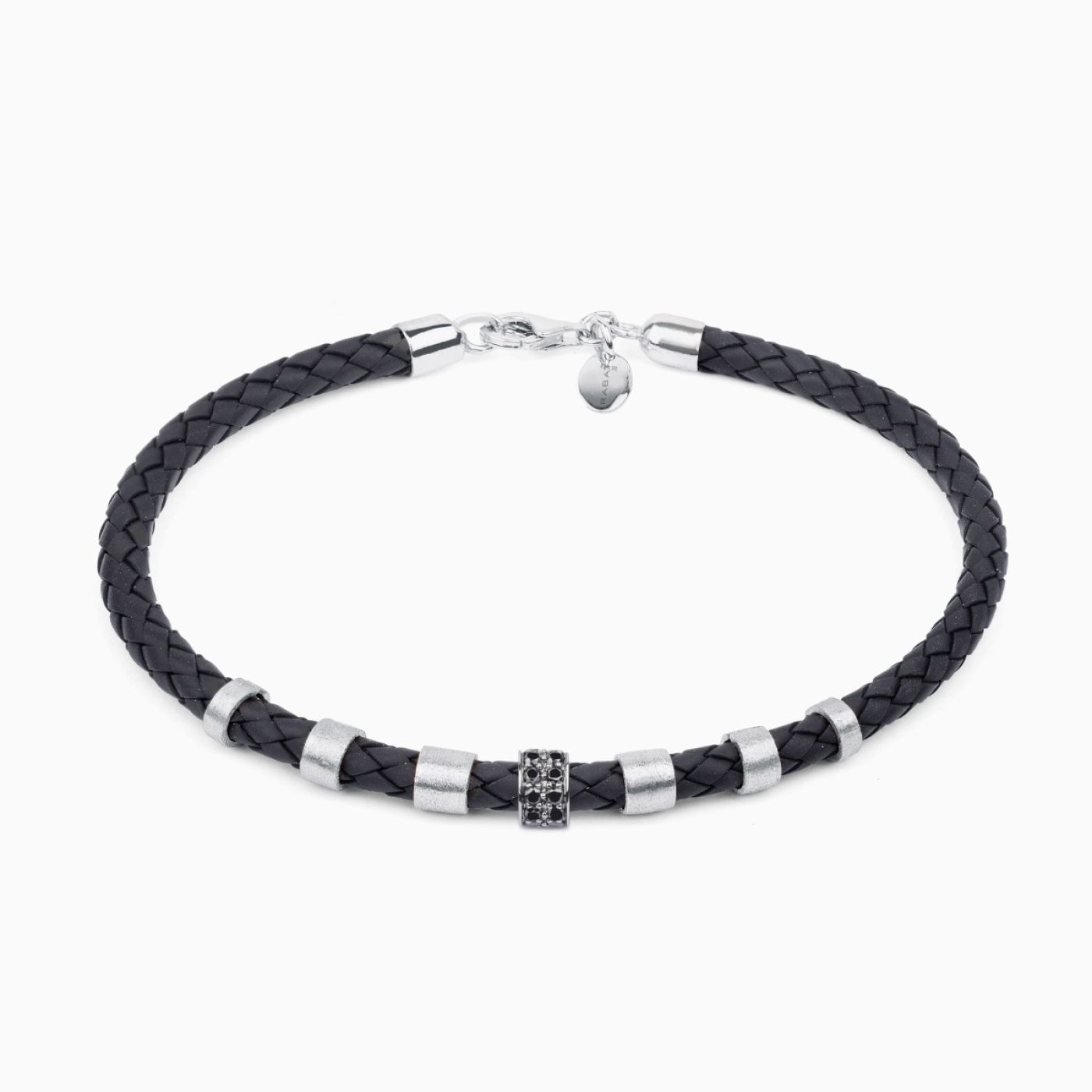 Pulsera de cuero trenzado para hombre con detalles de oro blanco y diamantes negros