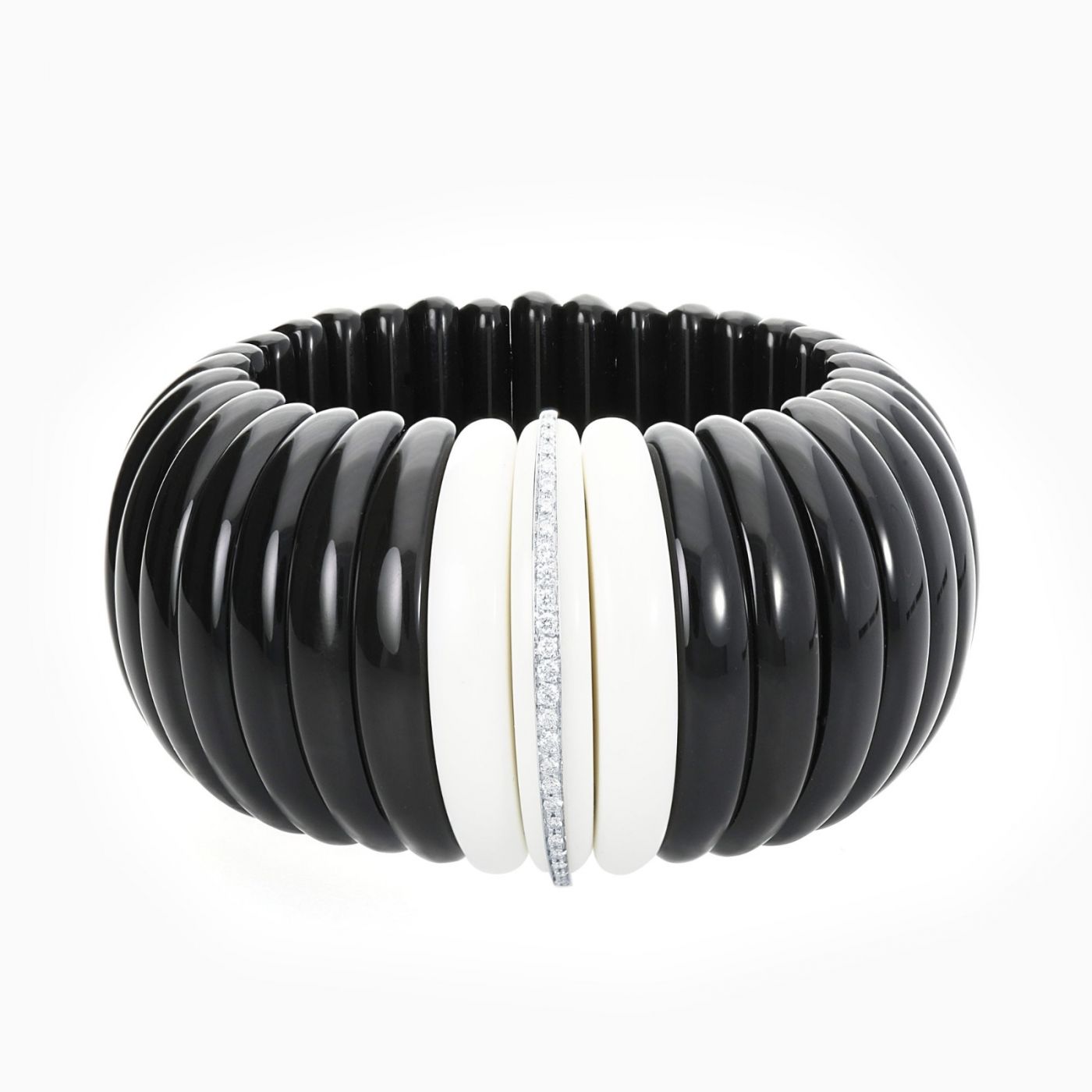 White gold bracelet with black obsidian, white agate gems and diamonds