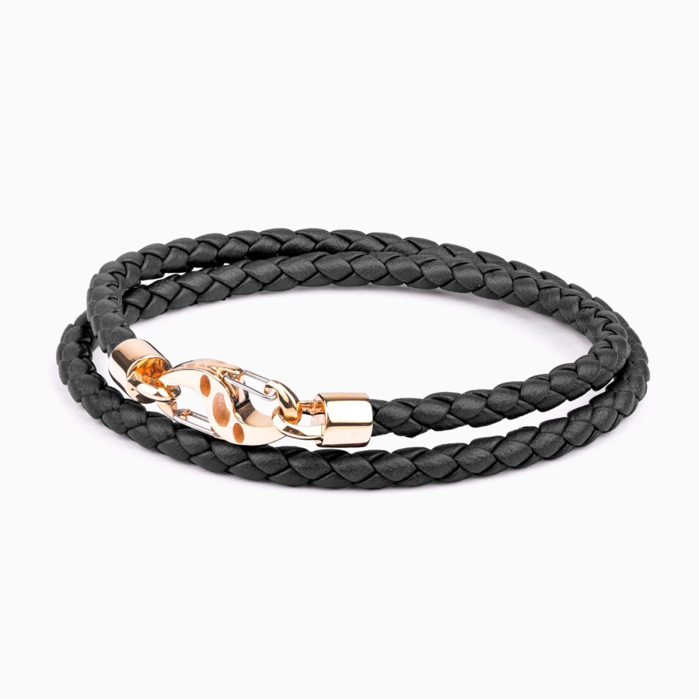 Pulsera doble de cuero negro para hombre con cierre de oro rosa