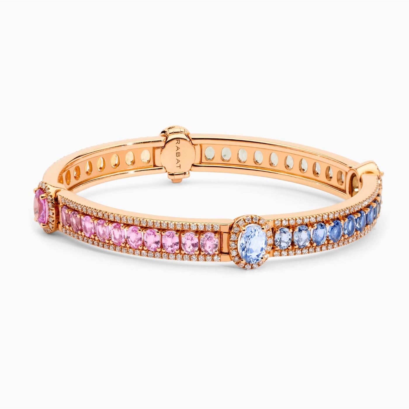 Rose gold cuff bracelet with multicoloured sapphires and diamonds