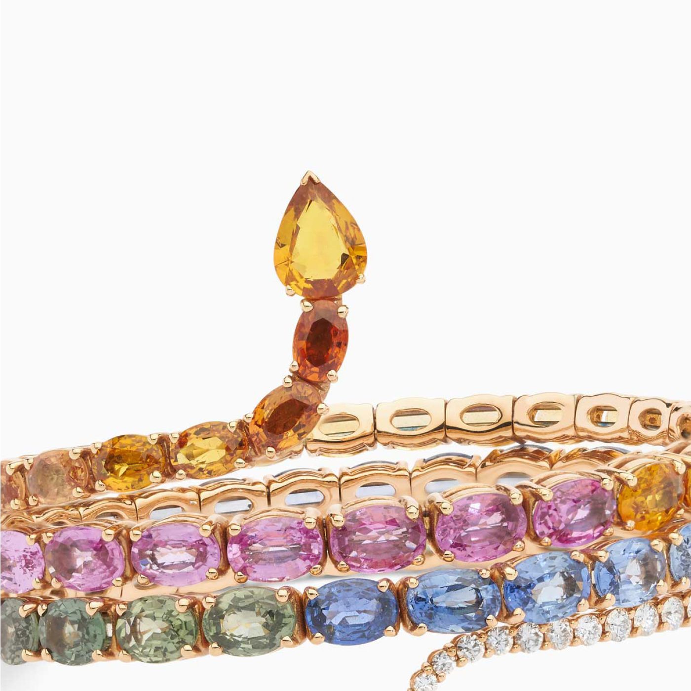 Rose gold snake bracelet with diamonds and multicolour sapphires