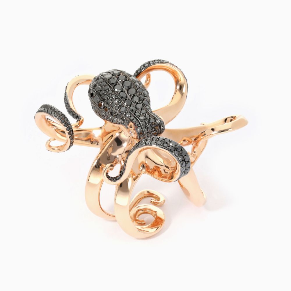 Anillo pulpo doble dedo de oro rosa con diamantes negros y blancos