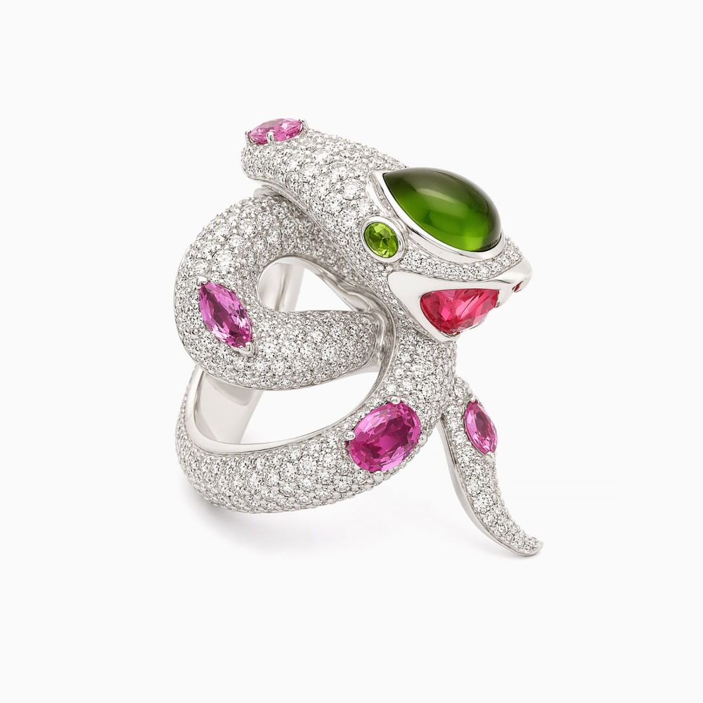 Anillo serpiente de oro blanco con zafiro, turmalina, diópsido y pavé de diamantes
