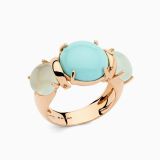 Rose gold with central turquoise gem and side chalcedony ring