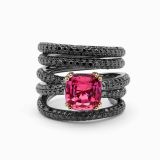 White gold with ruby in red and arm with black diamonds solitaire ring