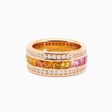 Rose gold ring with rows of diamonds and multicoloured sapphires