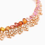 Rose gold necklace with cascading diamonds and multicoloured sapphires