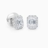 White gold earrings with emerald-cut central diamond and diamond halo