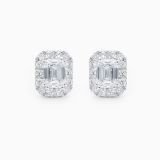 White gold earrings with emerald-cut central diamond and diamond halo