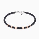 Pulsera de cuero negro trenzado para hombre con detalles de oro rosa