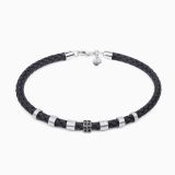 Pulsera de cuero trenzado para hombre con detalles de oro blanco y diamantes negros