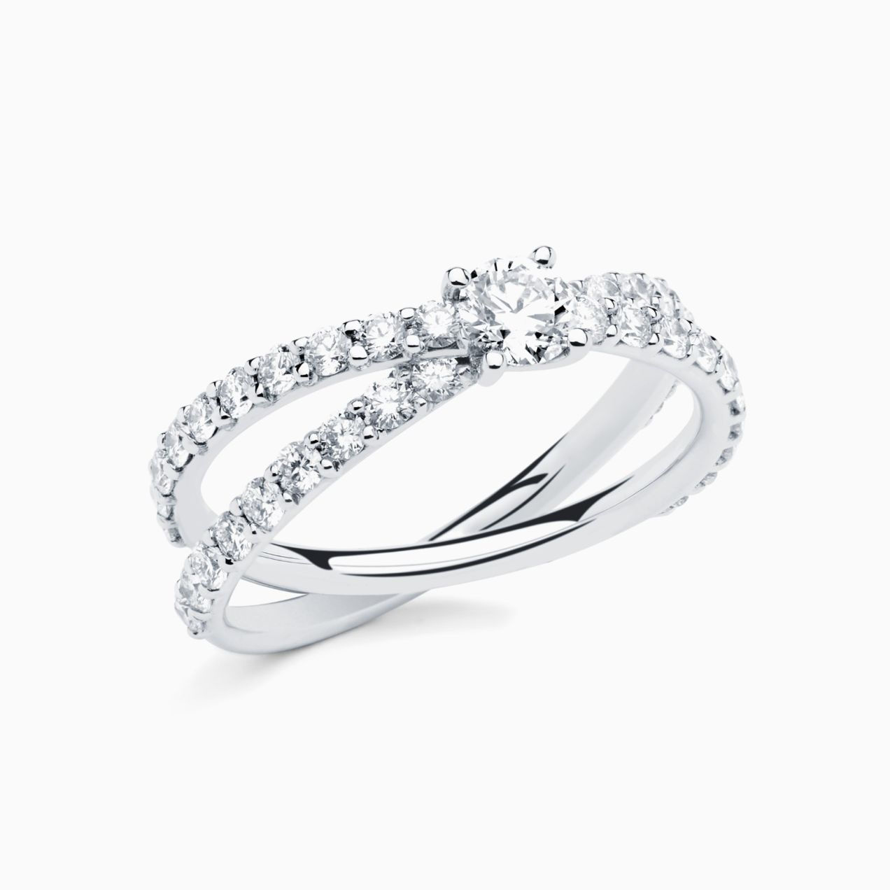 White gold with diamond in the center solitaire ring and arm of diamonds RABAT Poetic