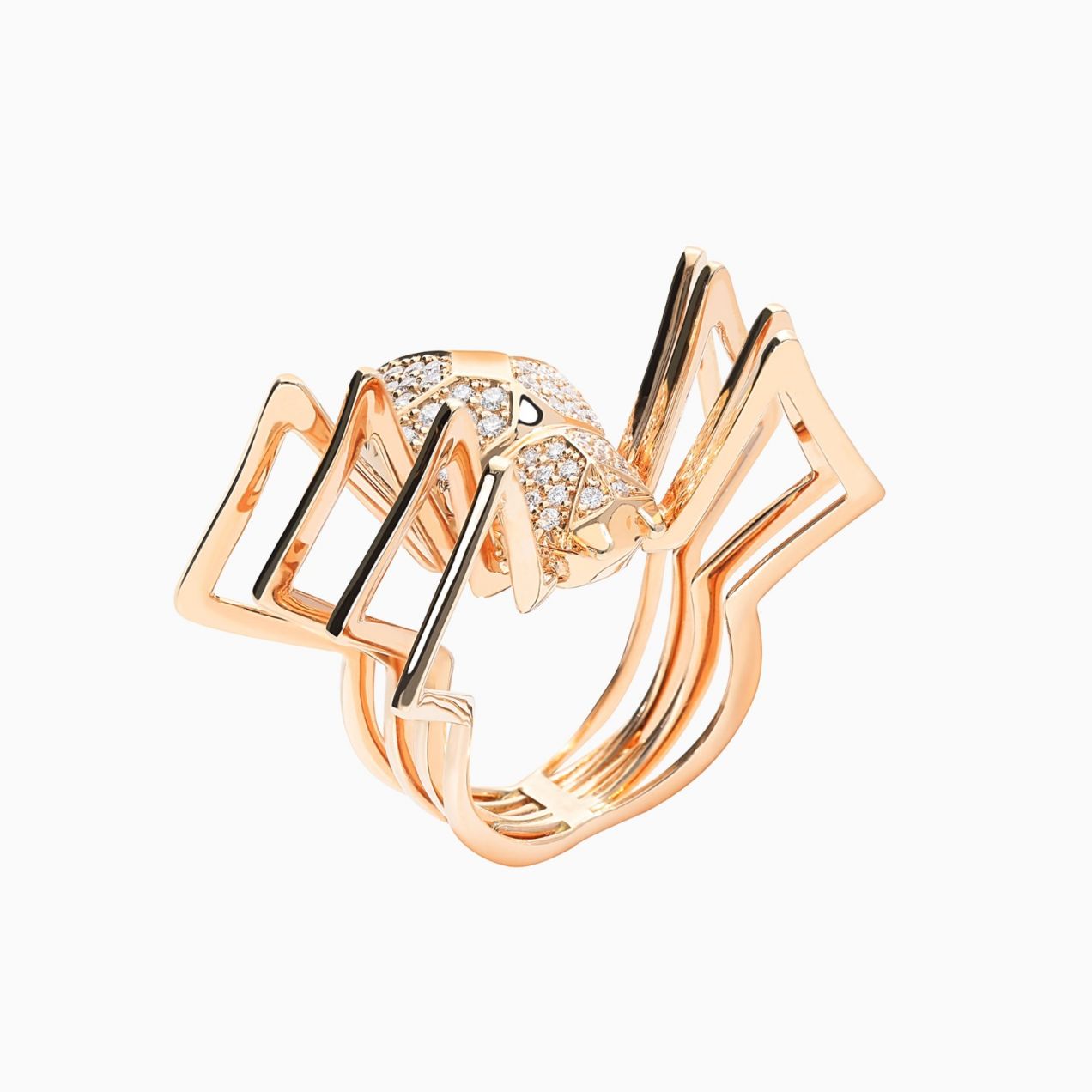 Pink gold spider ring with diamonds