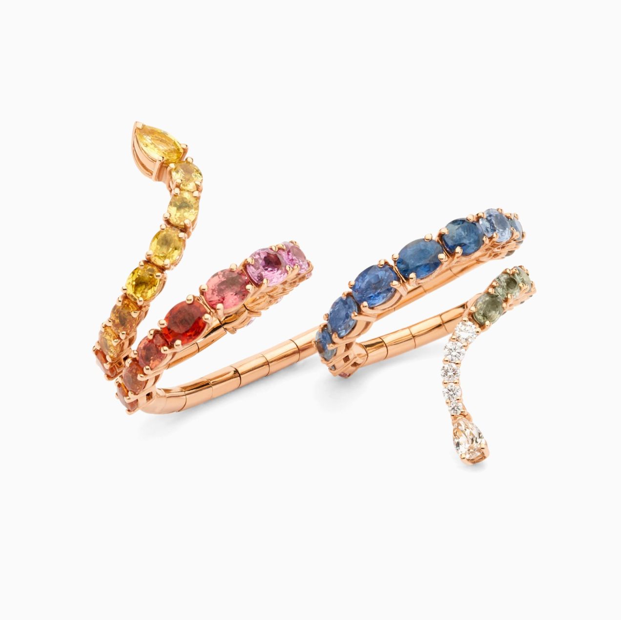 Spiral rose gold ring with coloured sapphires and diamonds 