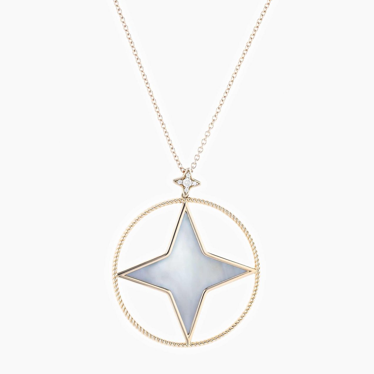Circular star pendant in rose gold with central pearl and diamonds