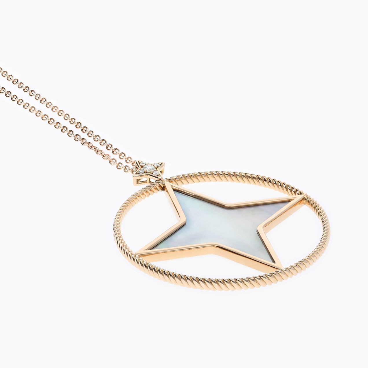 Circular star pendant in rose gold with central pearl and diamonds