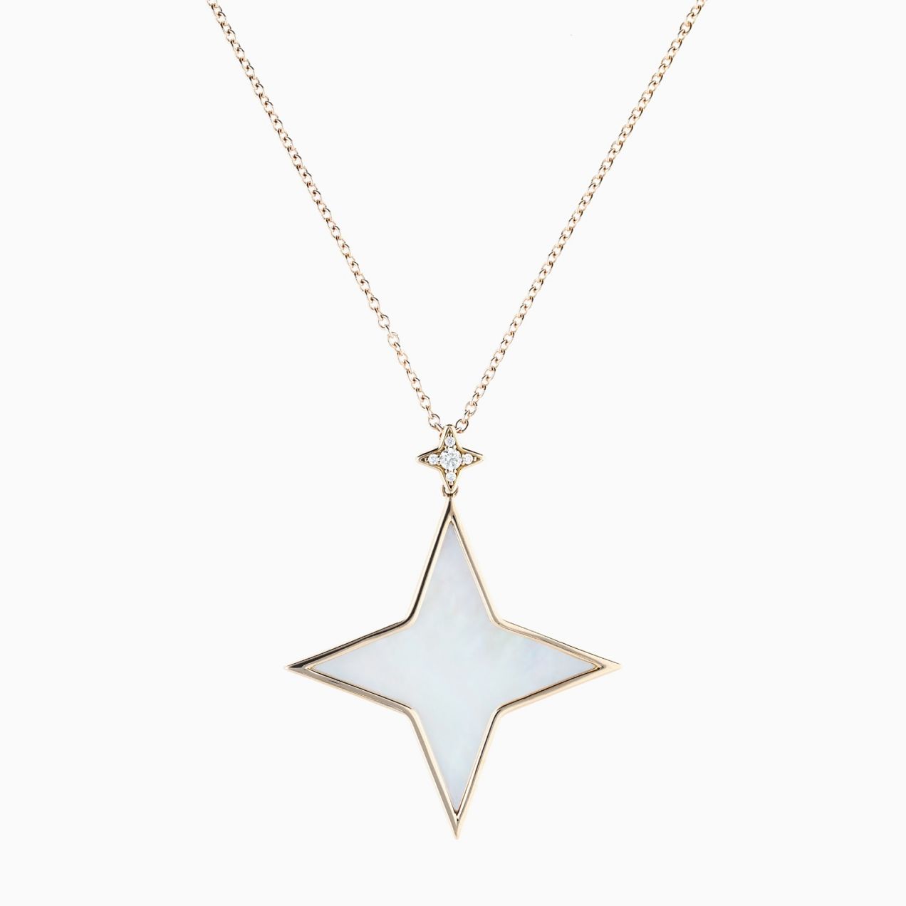 Rose gold star pendant with central pearl and diamonds