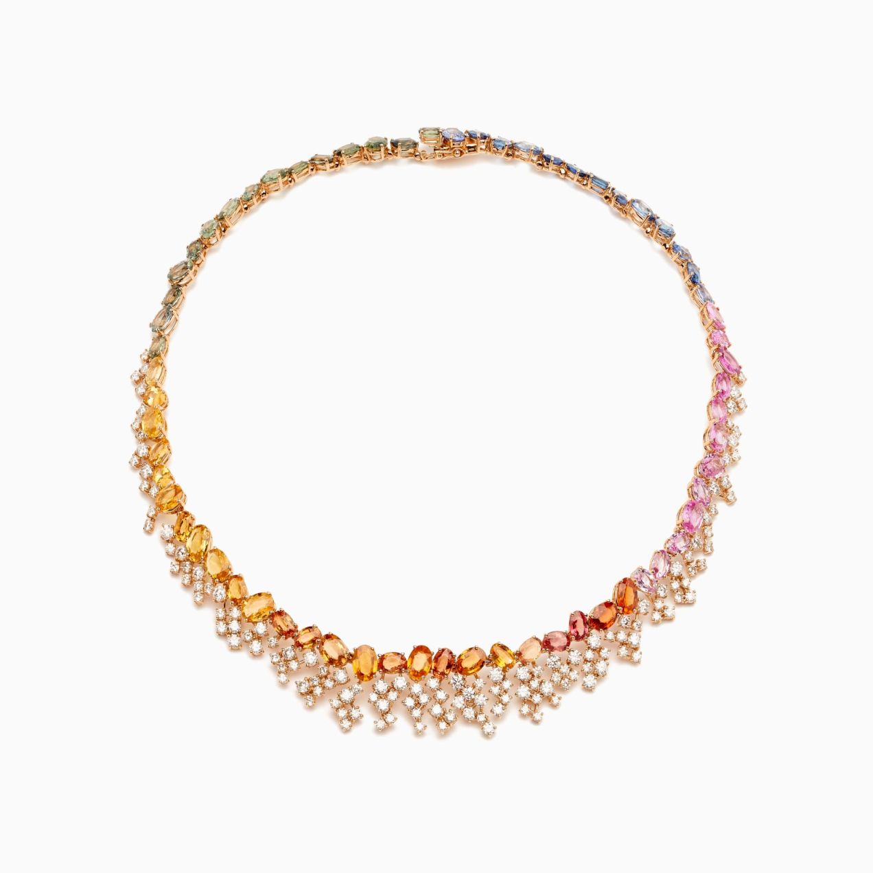 Rose gold necklace with cascading diamonds and multicoloured sapphires