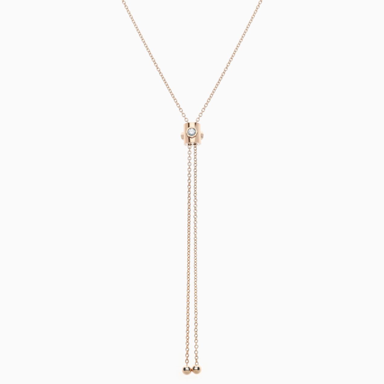 Rose gold tie style necklace with three diamonds