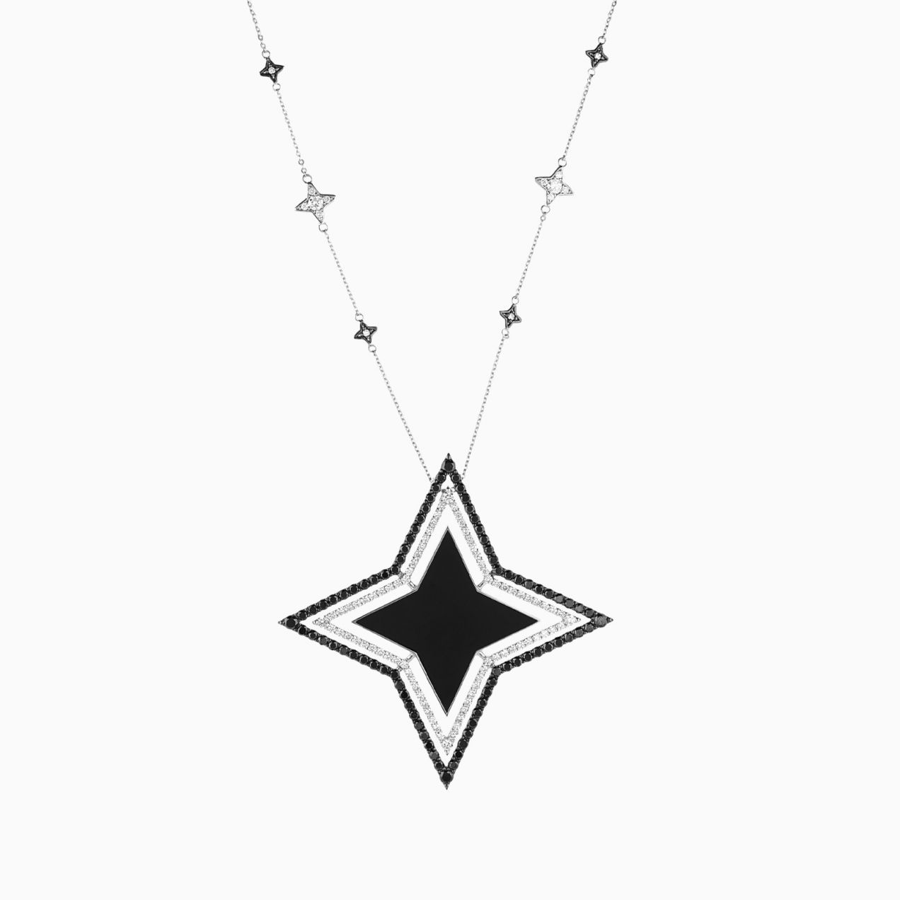 Star necklace in white gold and black rhodium gold with diamonds and black onyx