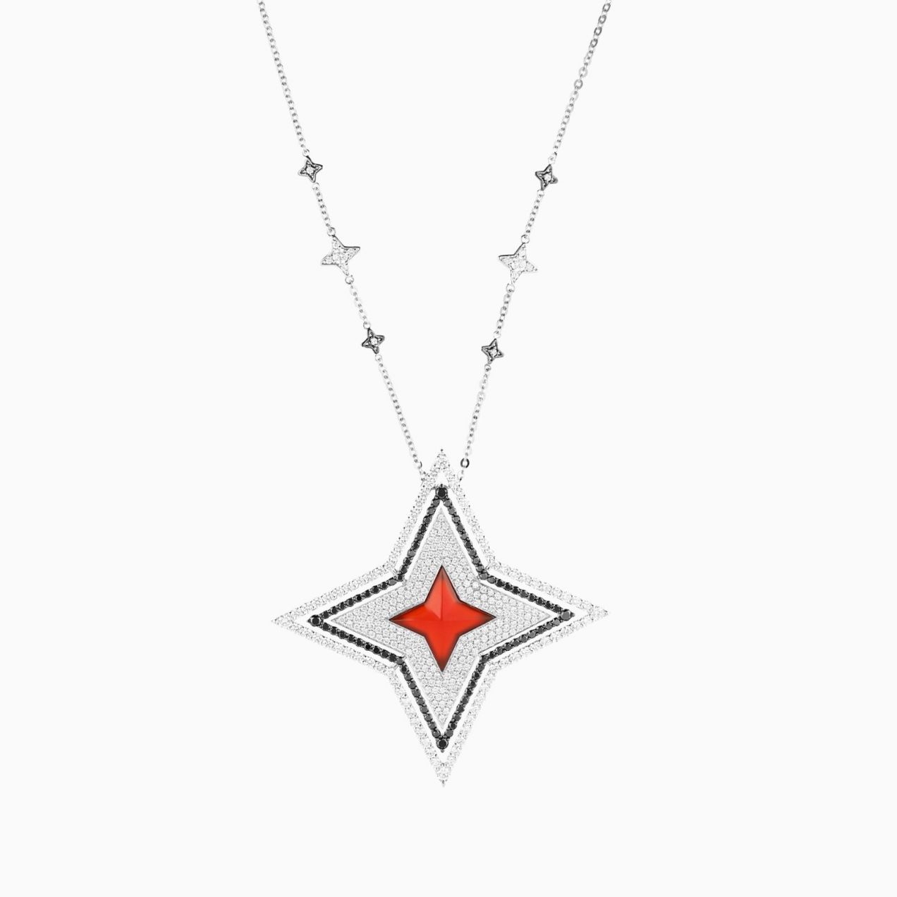 Star necklace in white gold and black rhodium gold with diamonds and red carnelian