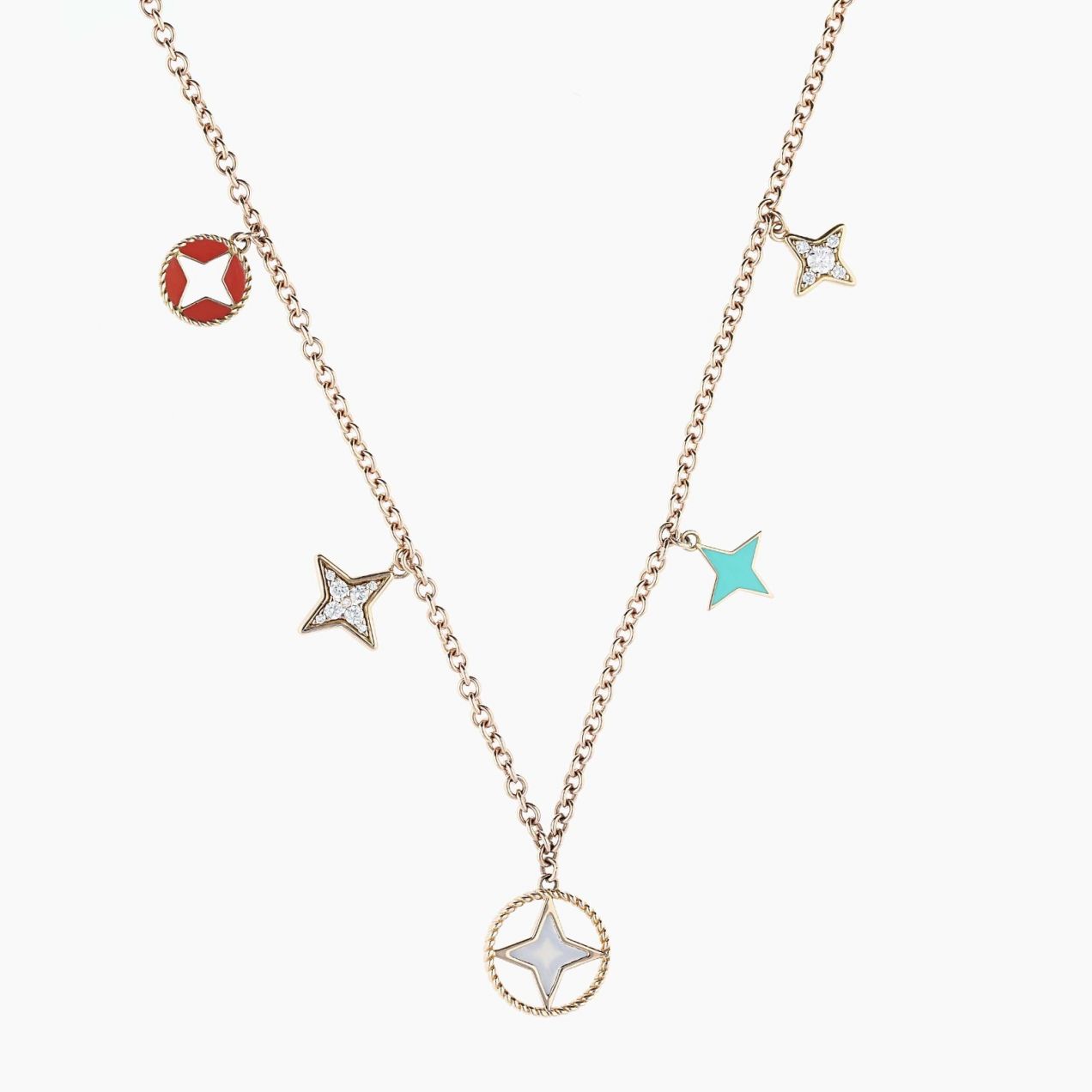 Rose gold star necklace with central pearl and diamonds