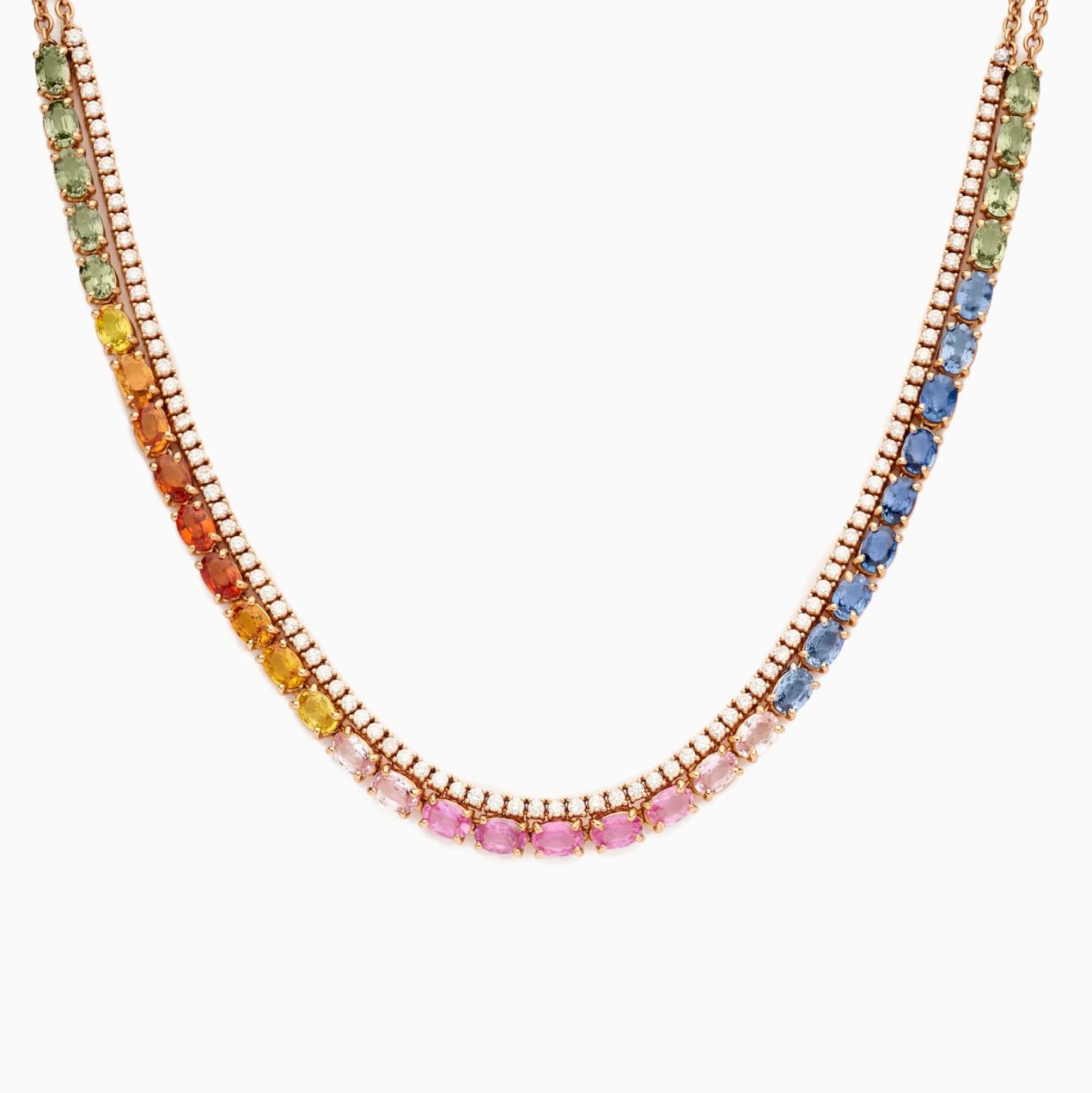 Double riviere necklace in rose gold with diamonds and multicoloured sapphires