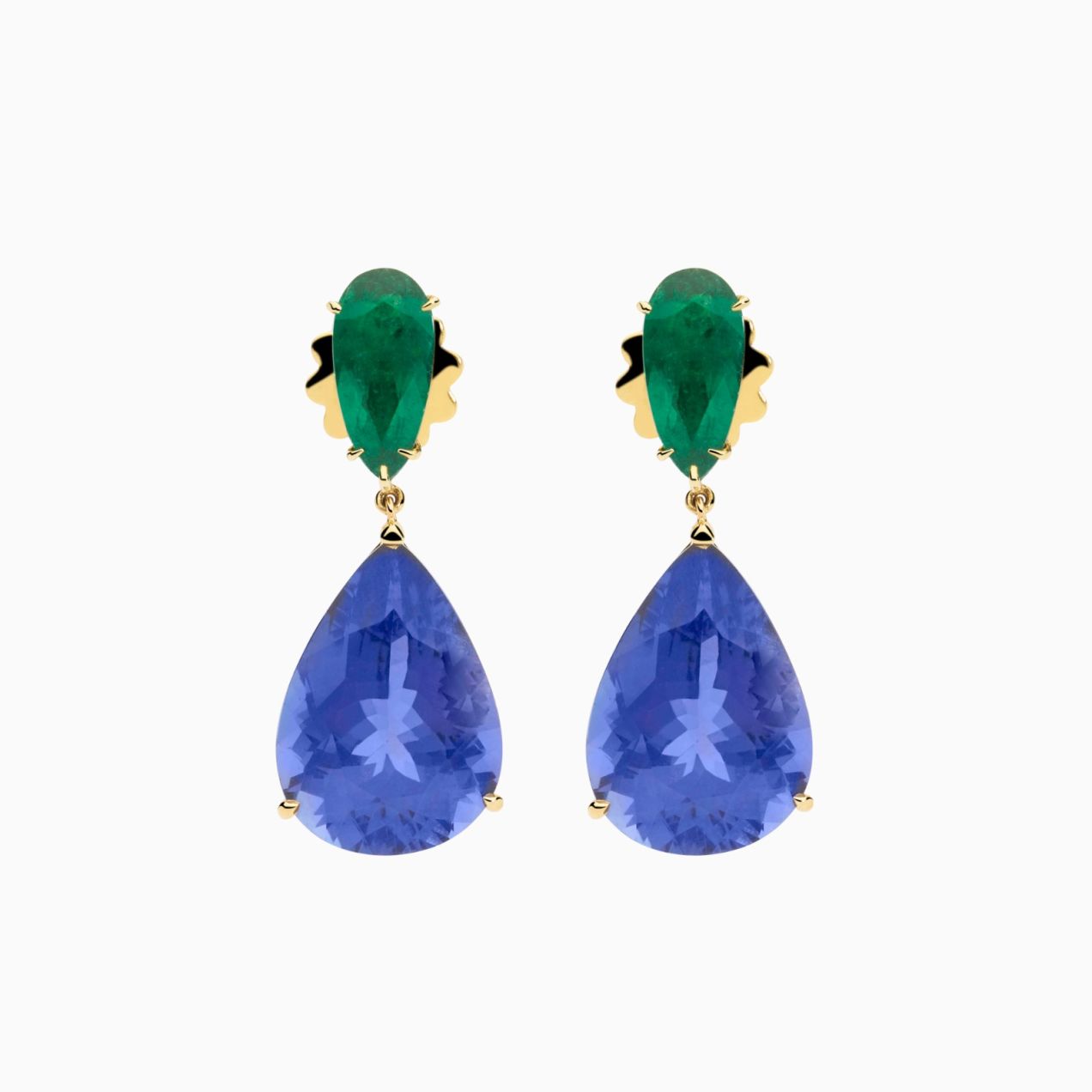 Yellow gold earrings with emeralds and tanzanitas