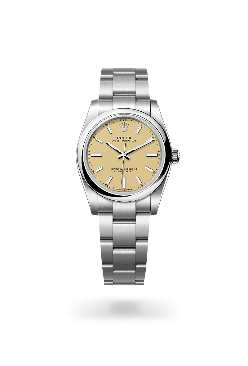 Rolex Oyster Perpetual 34 ref: M124200-0007 de acero oystersteel. Con esfera de color beis y brazalete acero oystersteel con cierre cierre desplegable oysterclasp con cómodo sistema de extensión easylink de 5 mm.