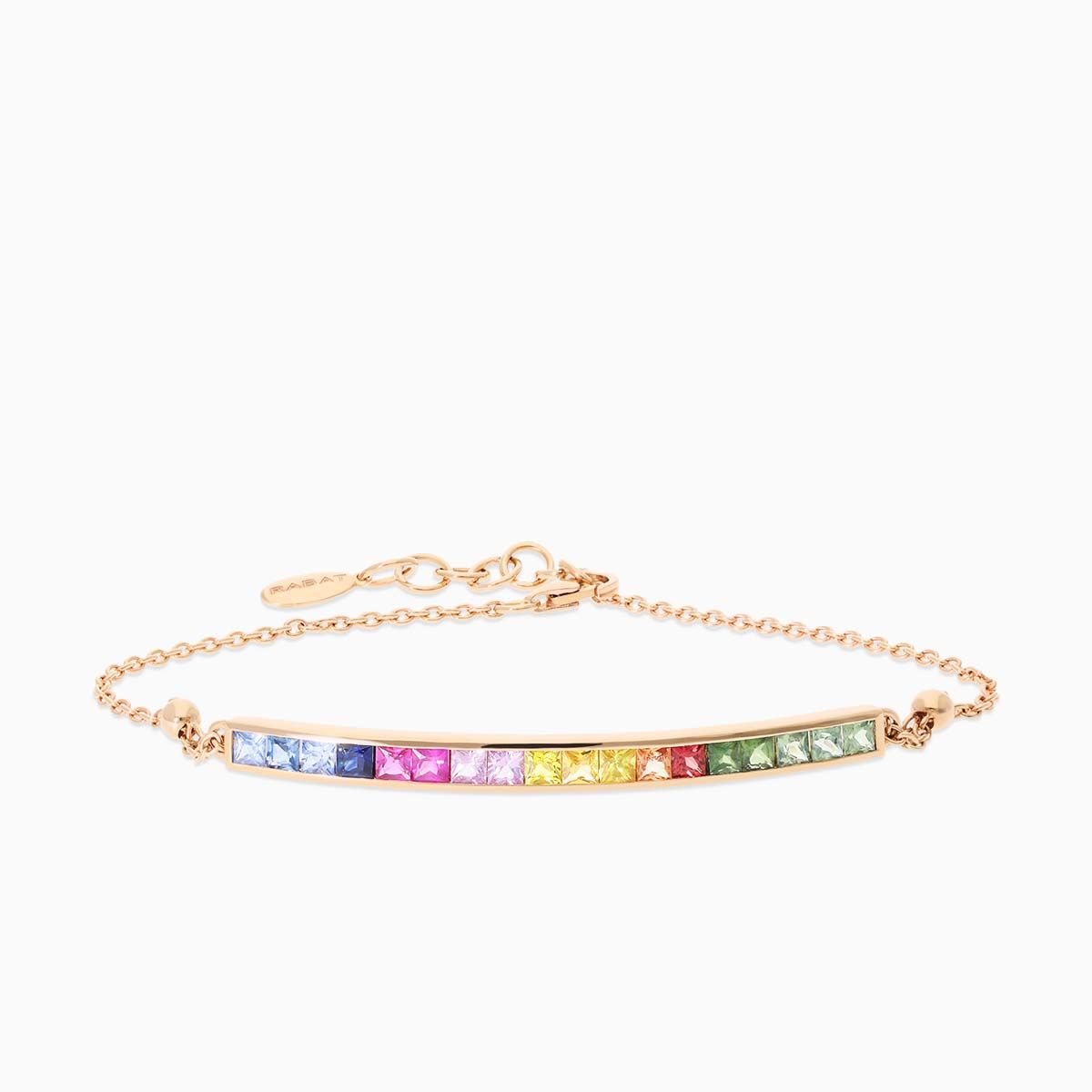 Pulsera rivière cadena de oro rosa con zafiros multicolor talla princesa