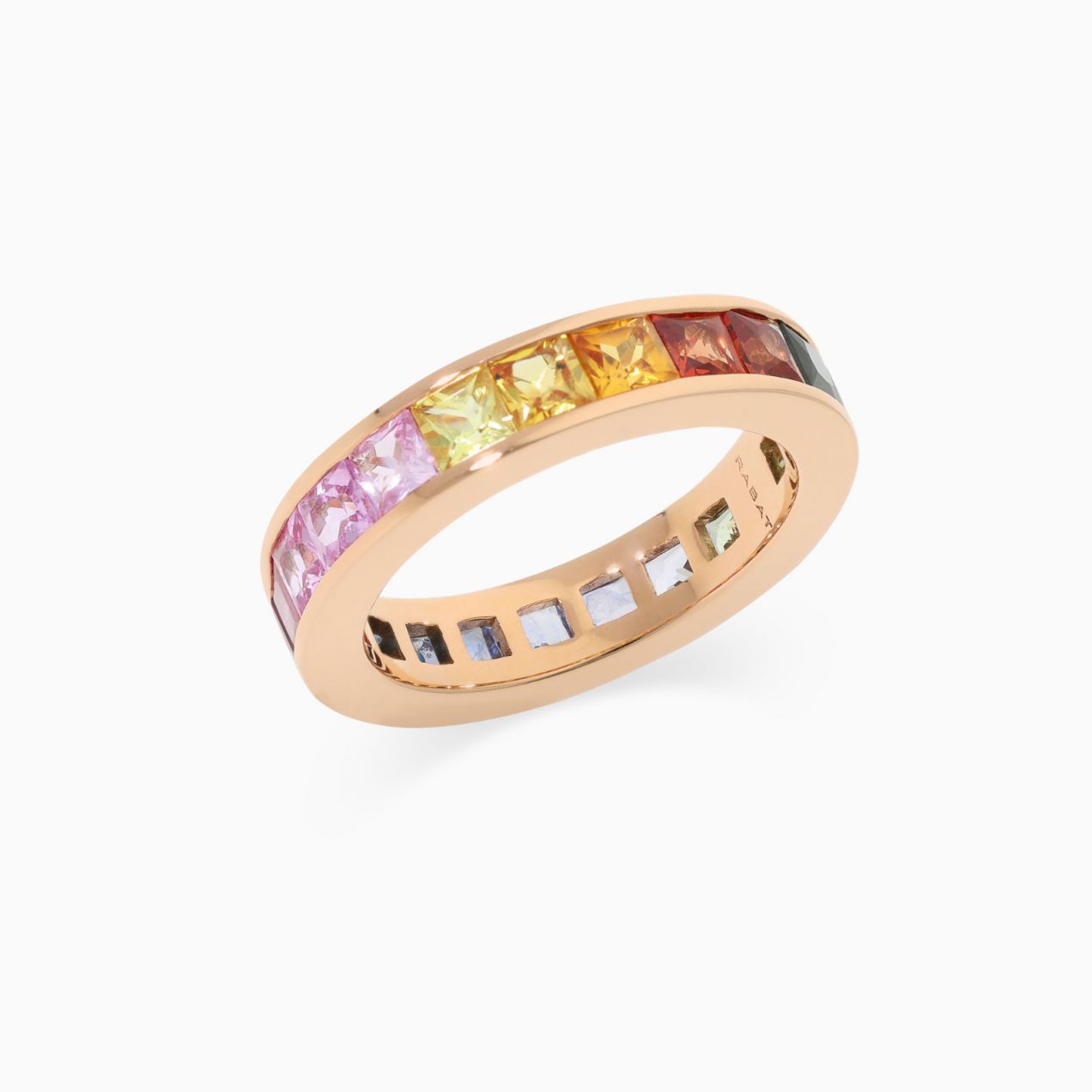 Rose gold band ring with princess-cut multicoloured sapphires
