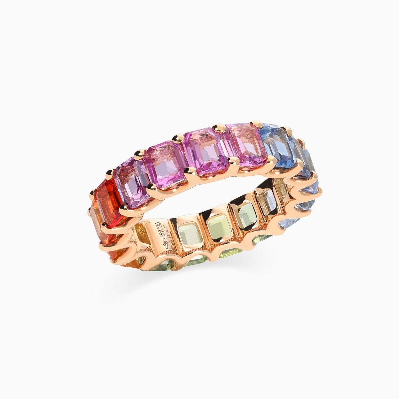 Rose gold band ring with emerald-cut multicoloured sapphires